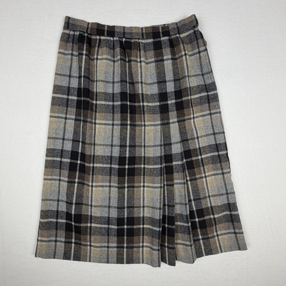 Vintage Plaid Midi Skirt Brown Grey Black High Waist Pleated Wool Blend